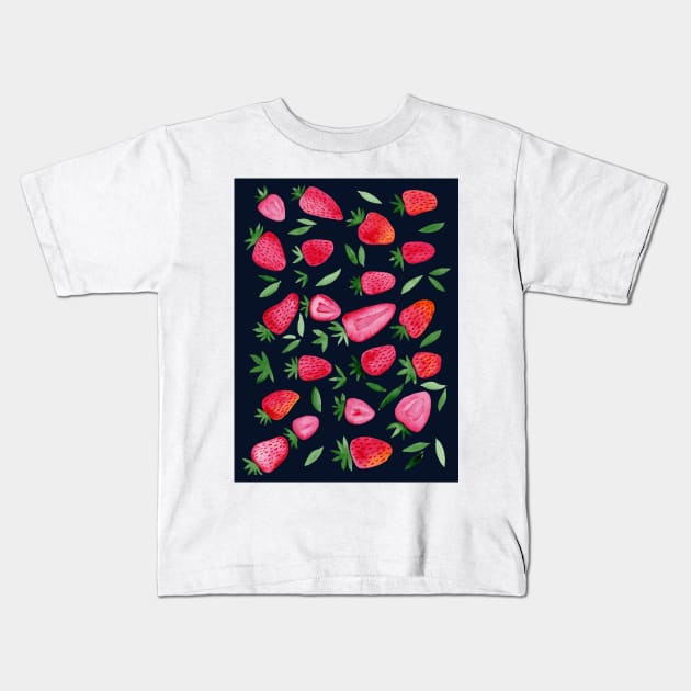 Watercolors strawberries - red and green on dark background Kids T-Shirt by wackapacka